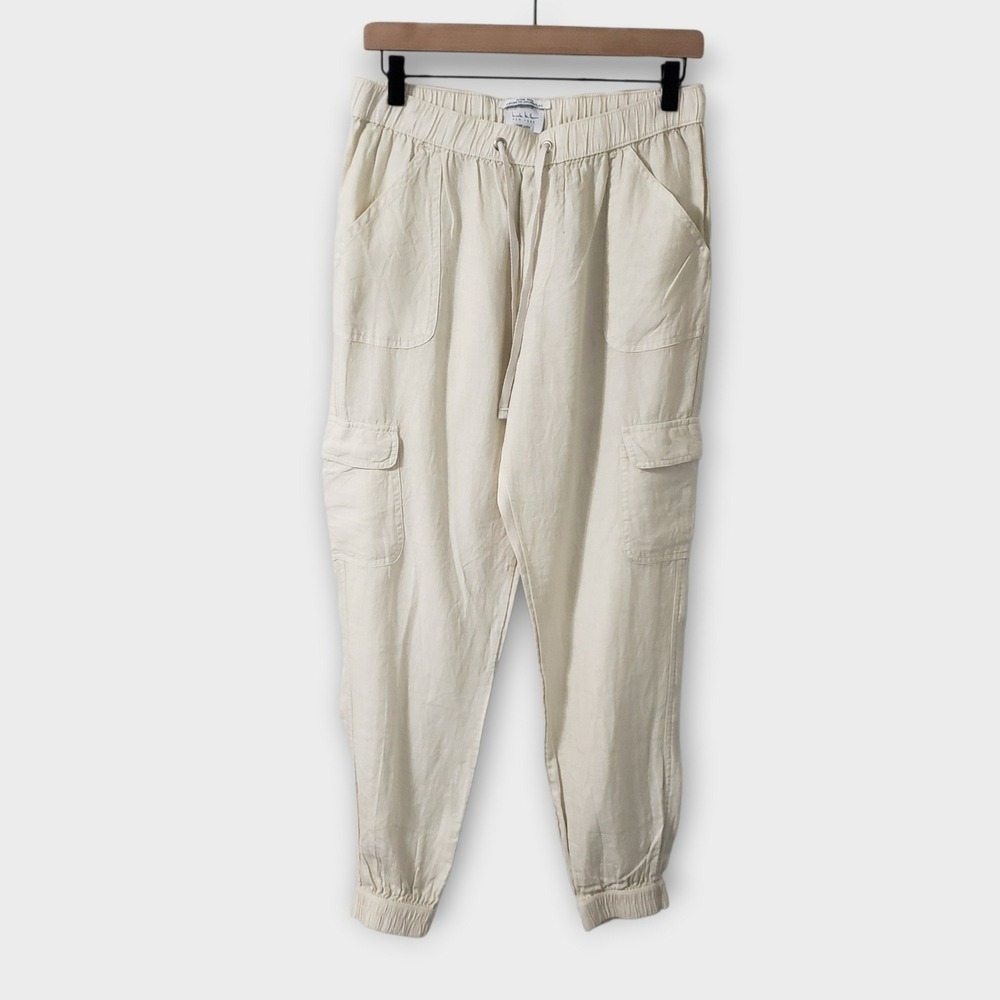 Nicole Miller New York 100% Linen Cargo Jogger Pants Ivory Cream Womens Medium
